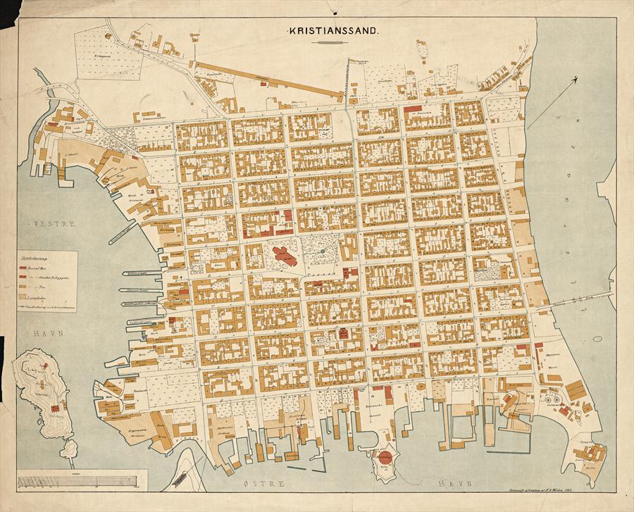 Street map of Kristiansand surveyed in 1887