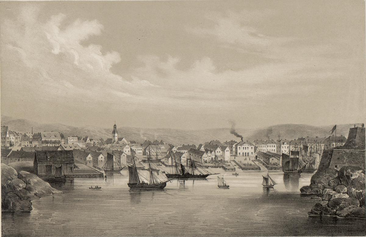 Kristiansand as depicted in Norge fremstillet i Tegninger, before 1848